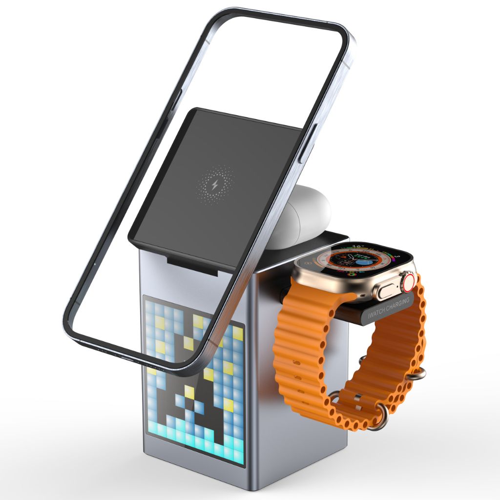 3-in-1 Magnetic Charger & Clock with wireless charging for iPhone, AirPods, Apple Watch, Bluetooth speaker, RGB LED display, MagSafe, and alarm clock.