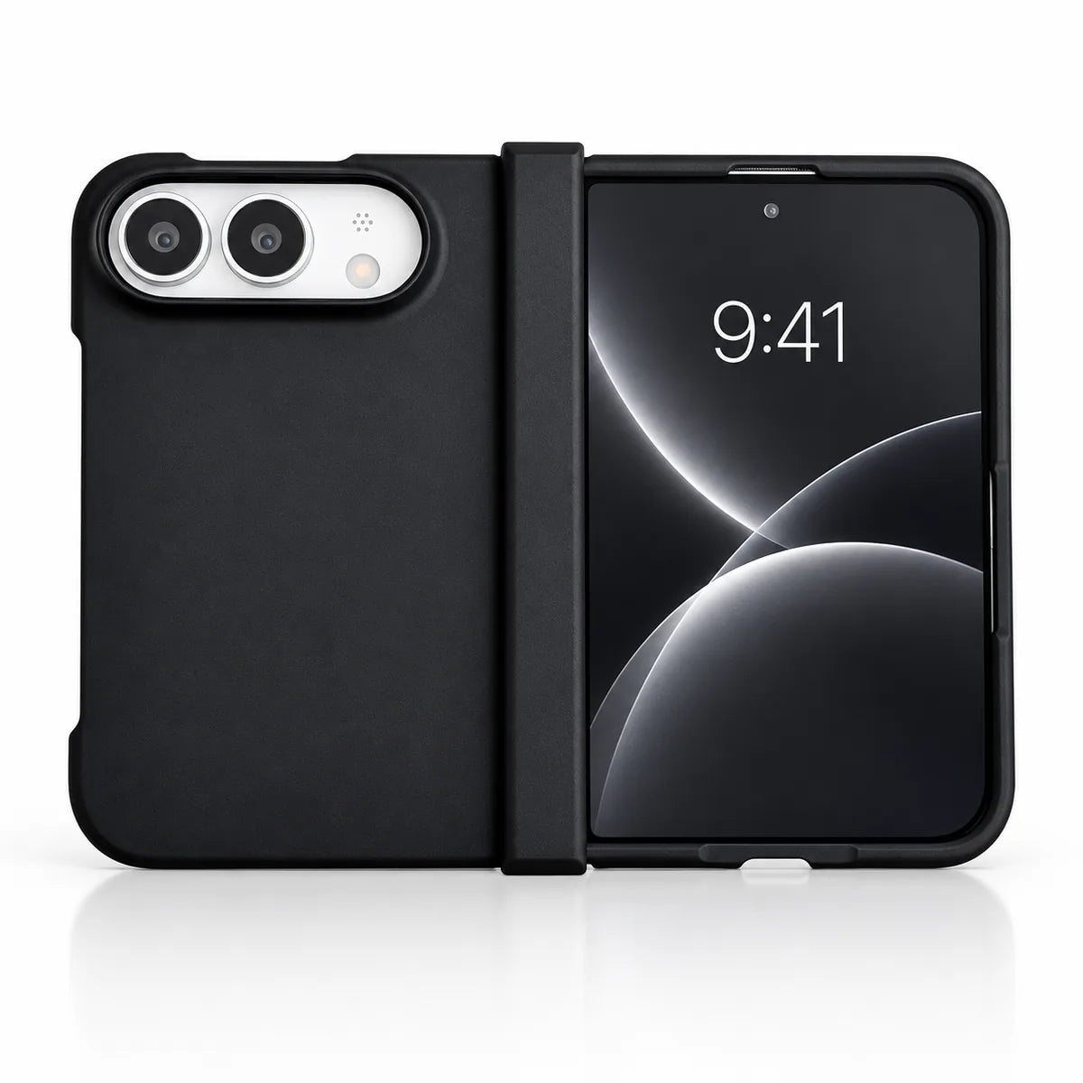 Black matte case on a silver iPhone Ultra, showing the rear cover, matching outer display frame and hinge cover on white. #color_Onyx Black