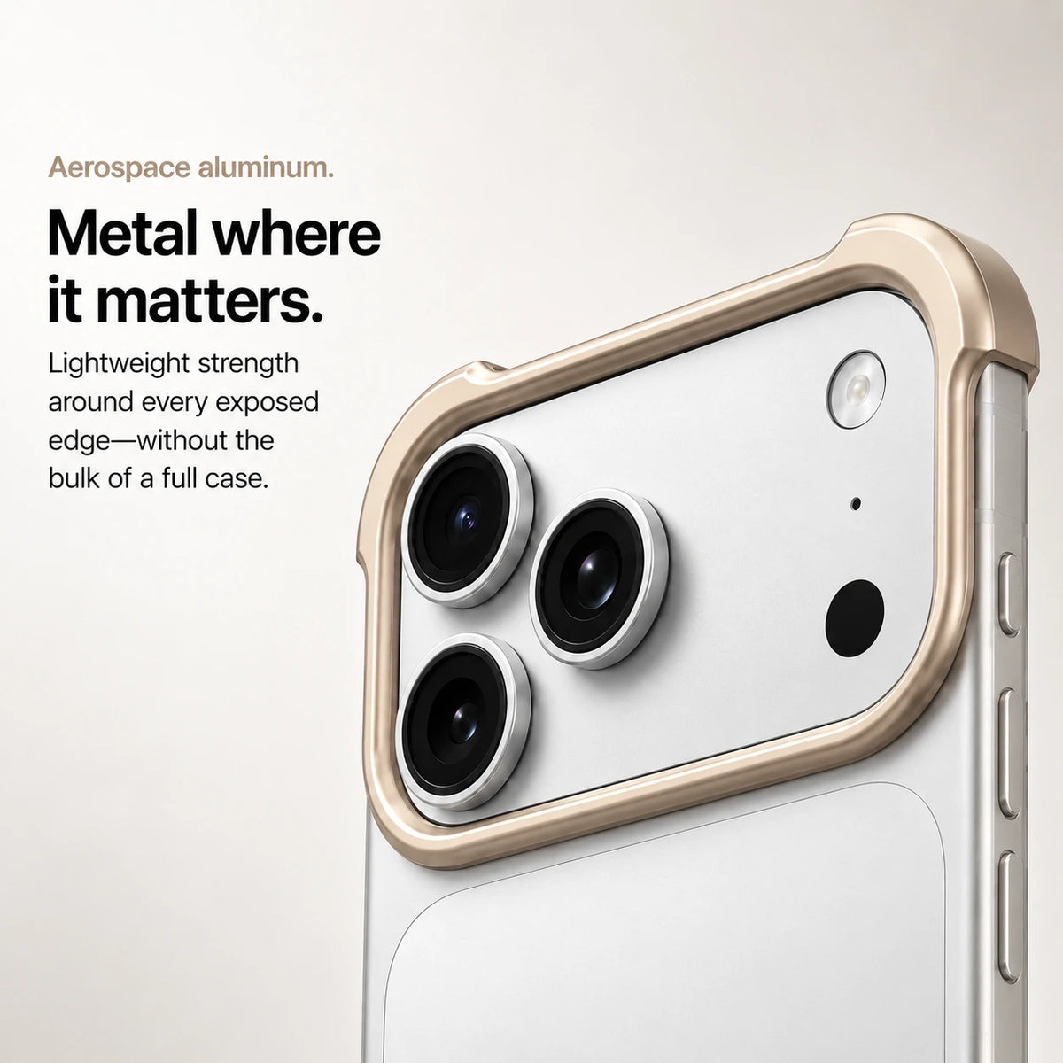 Gold metal phone bumper held in hand showing access to the side buttons #color_Champagne Gold