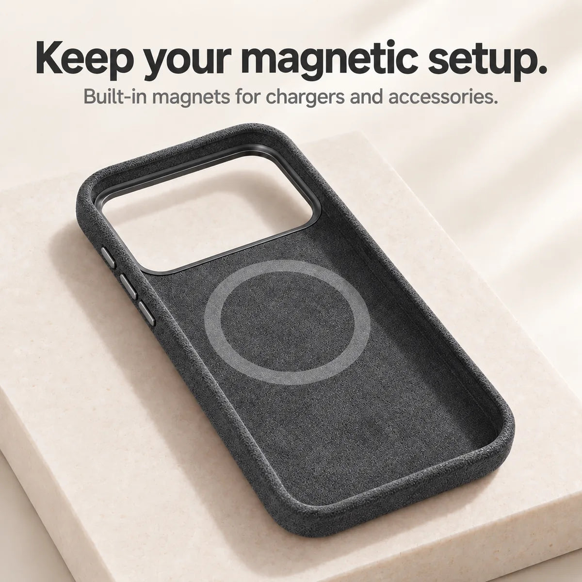 Dark gray fabric phone case interior showing the circular magnetic ring. #color_Charcoal Gray