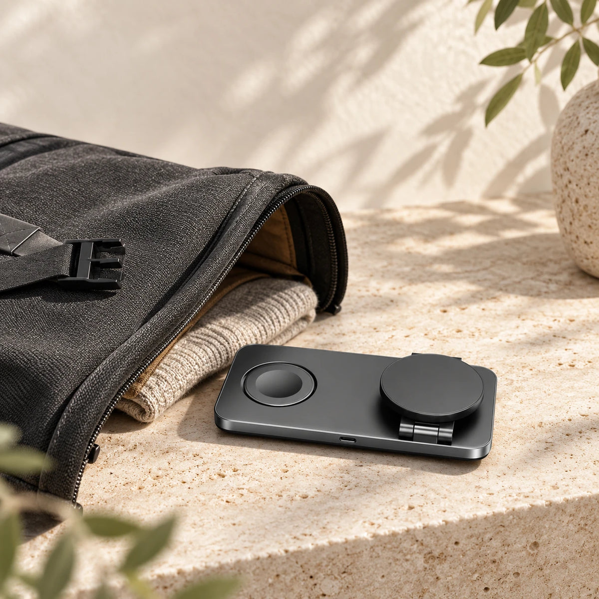 Gray rectangular wireless charger folded flat beside a travel bag.