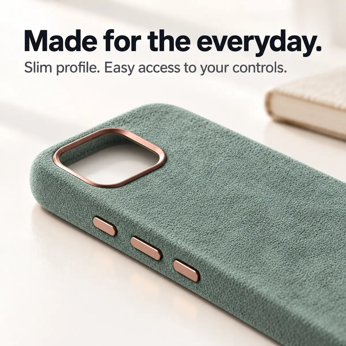 Light green fabric phone case with a close view of its slim side and controls. #color_Sage Green