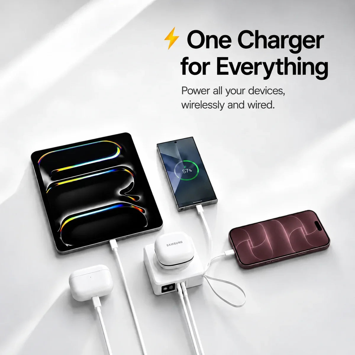 Arctic White travel power bank charging several devices. #color_Arctic White