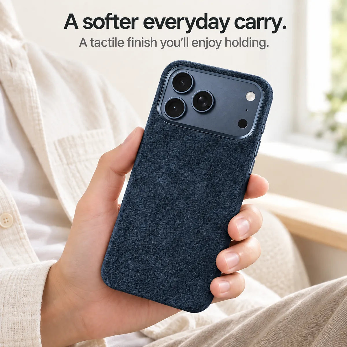 Navy blue fabric phone case held in one hand, showing its textured back. #color_Navy Blue