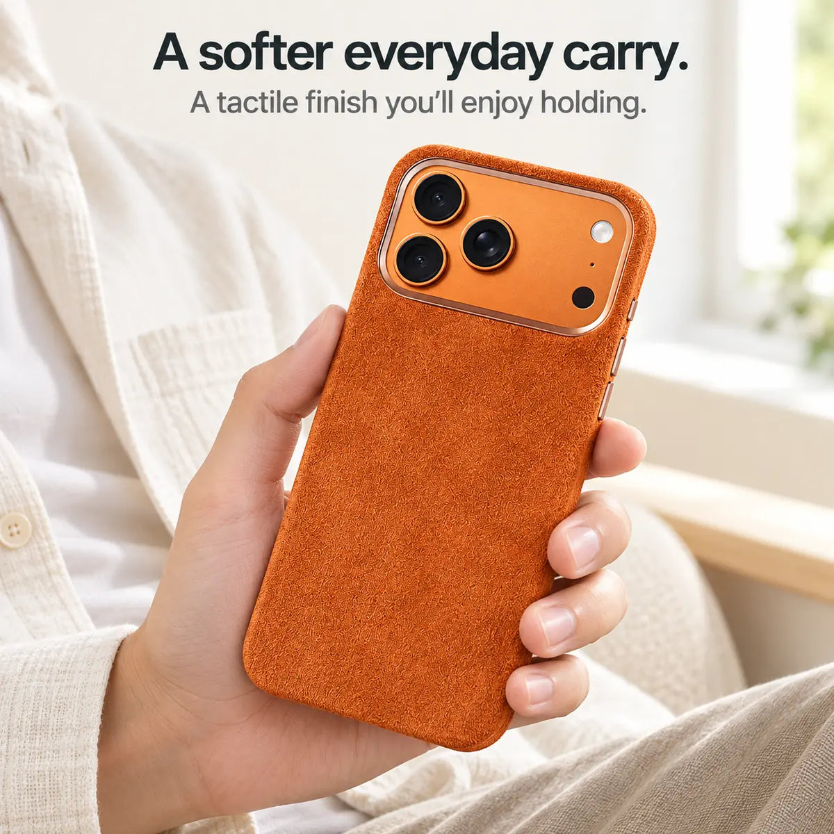 Orange fabric phone case held in one hand, showing its textured back. #color_Cosmic Orange