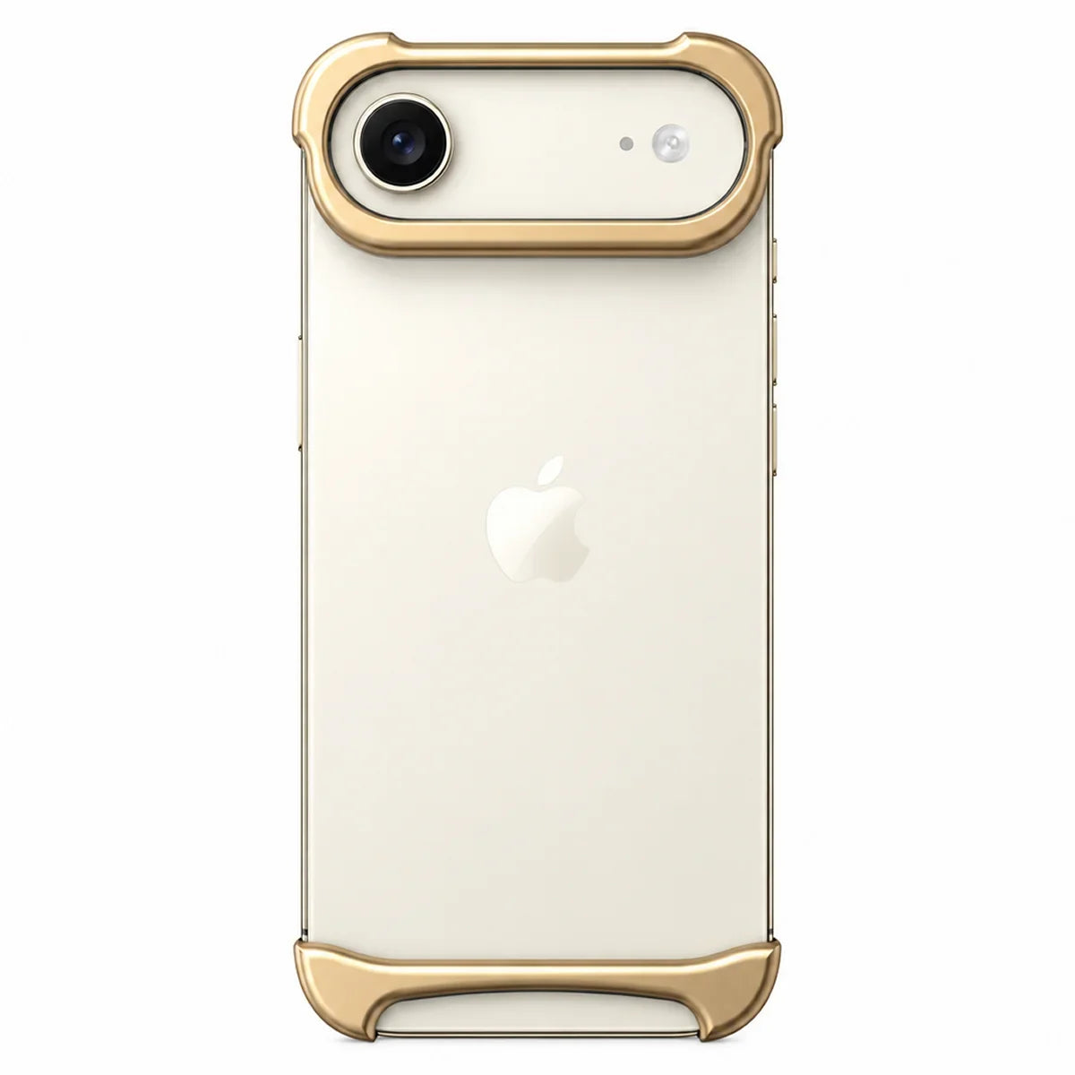 Gold two-piece metal phone bumper with exposed phone back on a white background #color_Champagne Gold