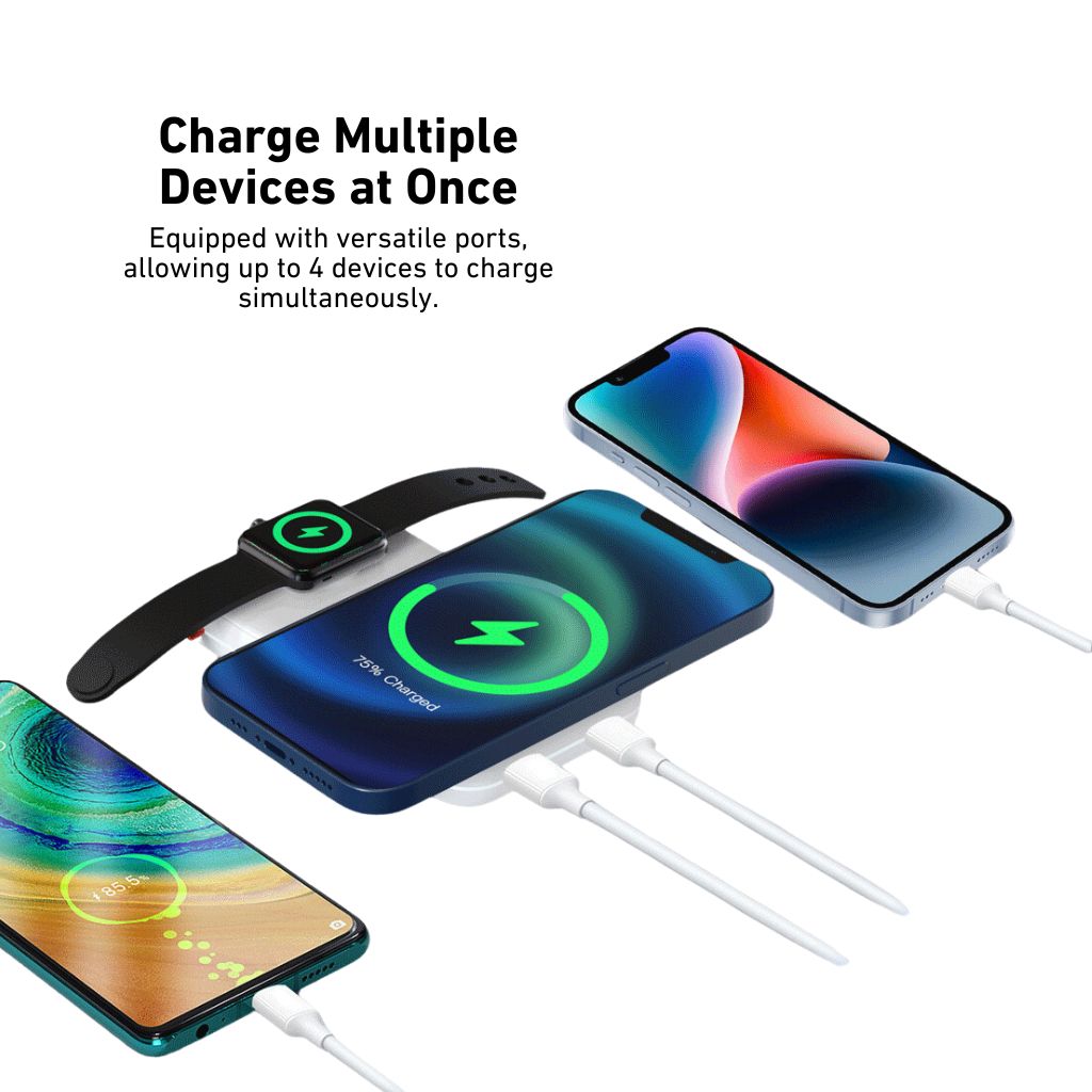 2-in-1 Wireless MagSafe PowerBank with 10,000mAh capacity, dual Type-C fast charging, LED display, strong magnetic suction, and multi-device charging. Portable, high-density battery compliant with travel safety standards.