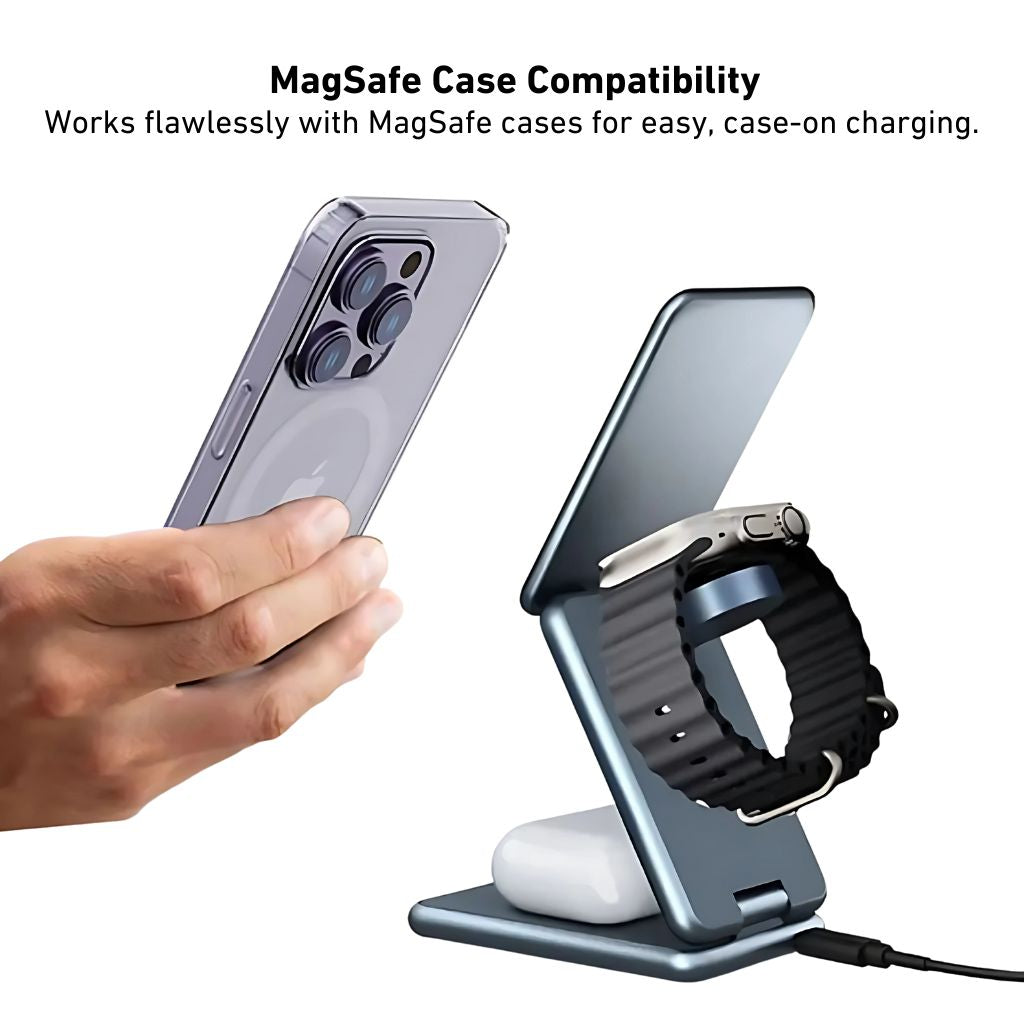 3-in-1 Foldable Wireless Charging Station for Apple iPhone 16 Pro Max, Apple Watch Ultra 2, and AirPods Pro by Evolved Chargers – Portable, MagSafe-Compatible, and Ideal for Travel.