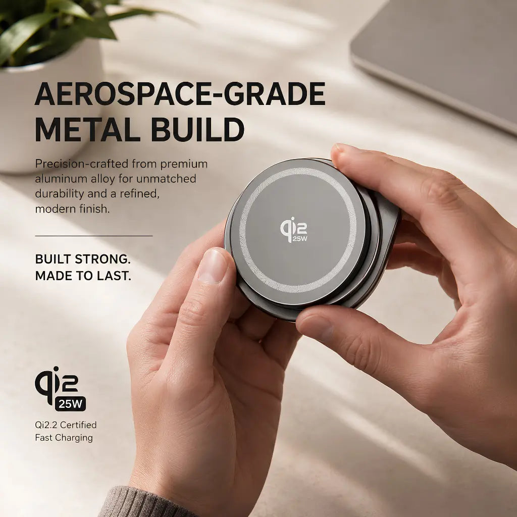 Titanium Gray rotating foldable wireless charger folded in two hands #color_Titanium Gray