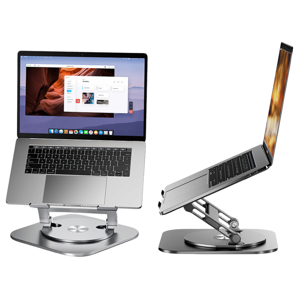 Laptop Stand with 360° swivel for laptops and tablets up to 17 inches. Features a foldable, ergonomic design, non-slip silicone pads for stability, and open structure for heat dissipation. Ideal for enhancing productivity and comfortable viewing angles.