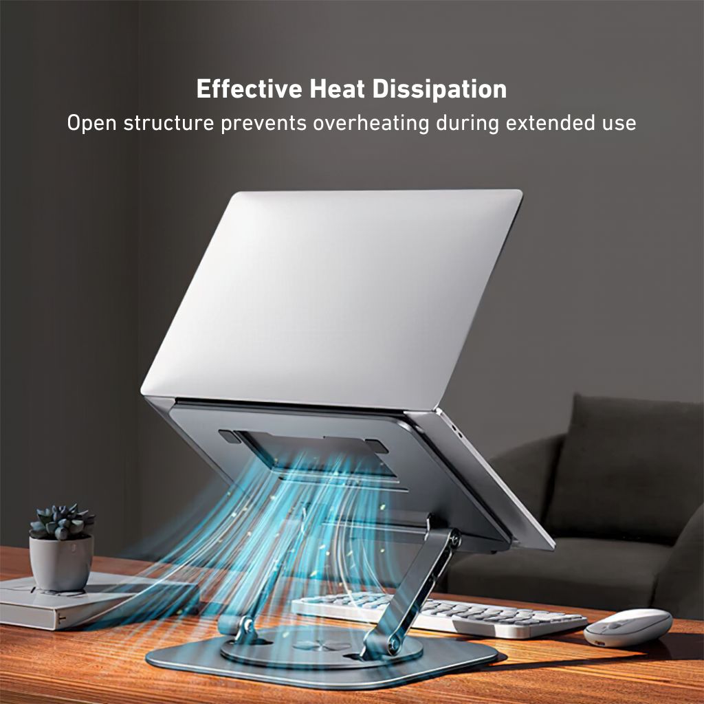 Laptop Stand with 360° swivel for laptops and tablets up to 17 inches. Features a foldable, ergonomic design, non-slip silicone pads for stability, and open structure for heat dissipation. Ideal for enhancing productivity and comfortable viewing angles.