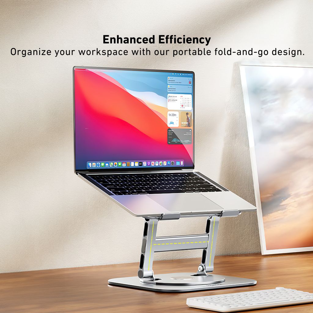 Laptop Stand with 360° swivel for laptops and tablets up to 17 inches. Features a foldable, ergonomic design, non-slip silicone pads for stability, and open structure for heat dissipation. Ideal for enhancing productivity and comfortable viewing angles.