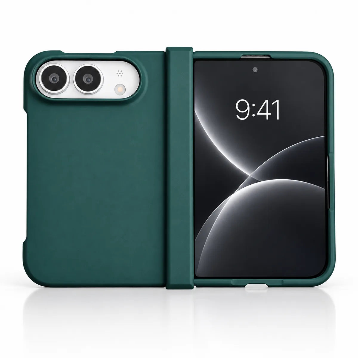 Army Green matte case on a silver iPhone Ultra, showing the rear cover, matching outer display frame and hinge cover on white. #color_Alpine Green