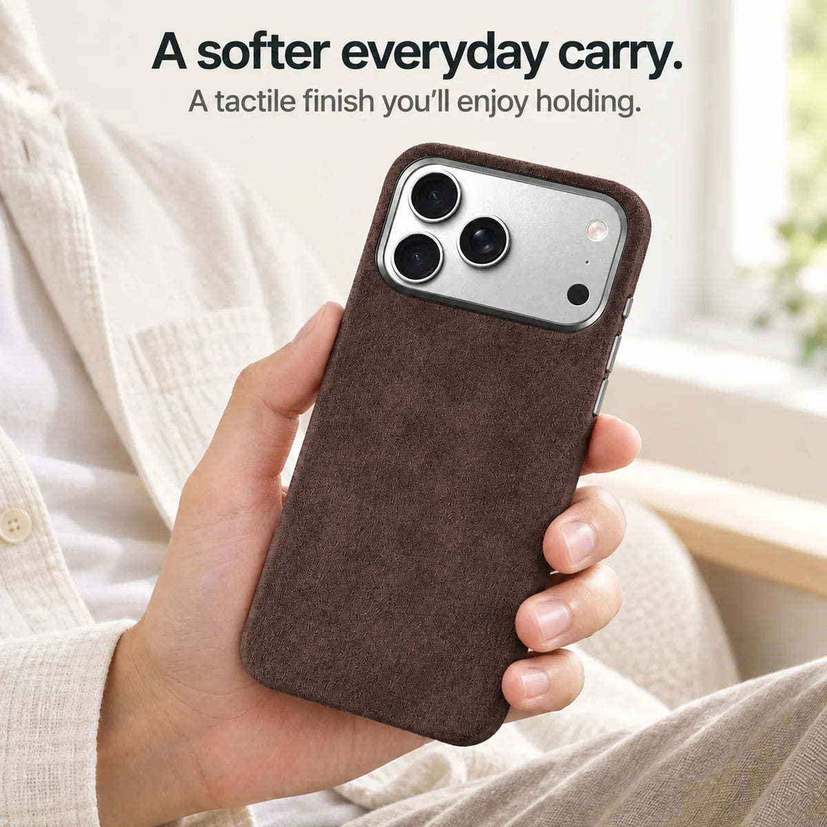 Brown fabric phone case held in one hand, showing its textured back. #color_Espresso Brown