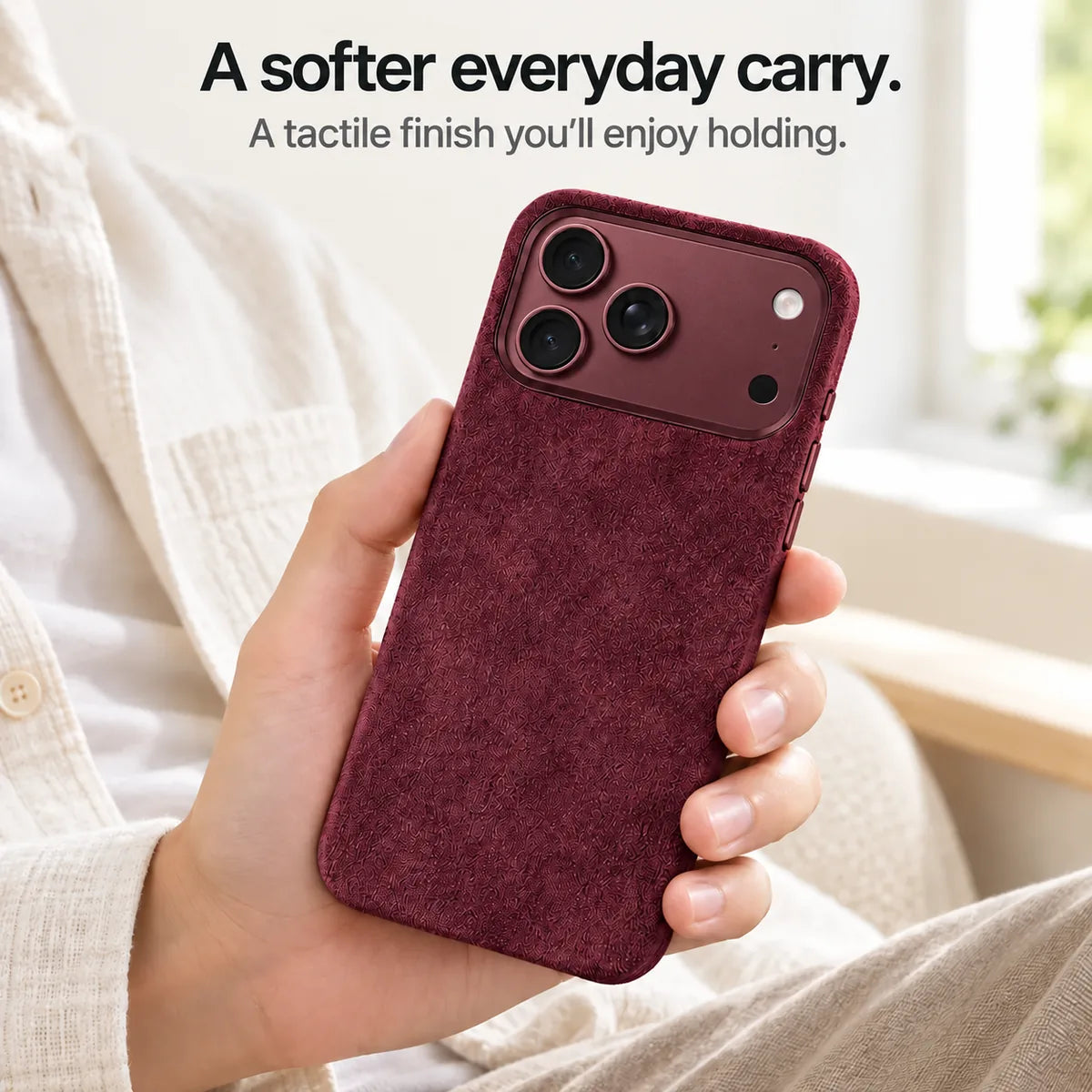 Burgundy fabric phone case held in one hand, showing its textured back. #color_Burgundy