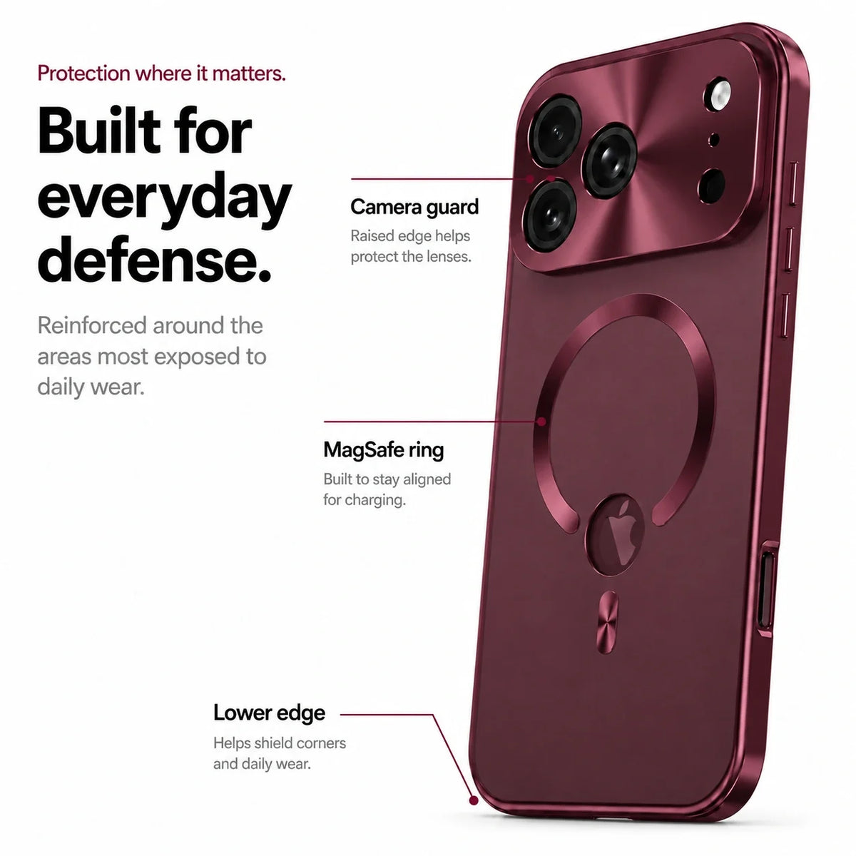 Burgundy metal frame phone case with camera guard, magnetic ring and lower edge callouts #color_Burgundy