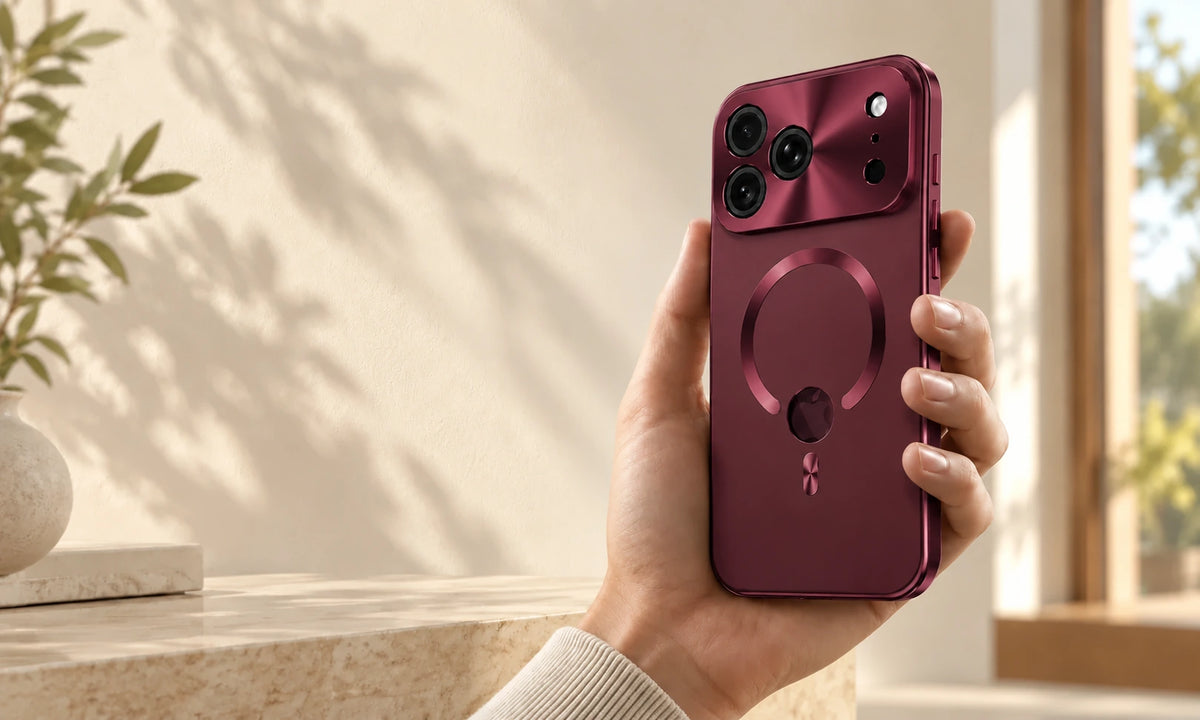 Hand holding a burgundy phone case with a matching alloy frame and burgundy camera surround.