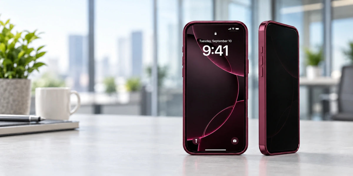 Burgundy privacy phone case shown straight on with a clear display and from an angle with a darker screen.