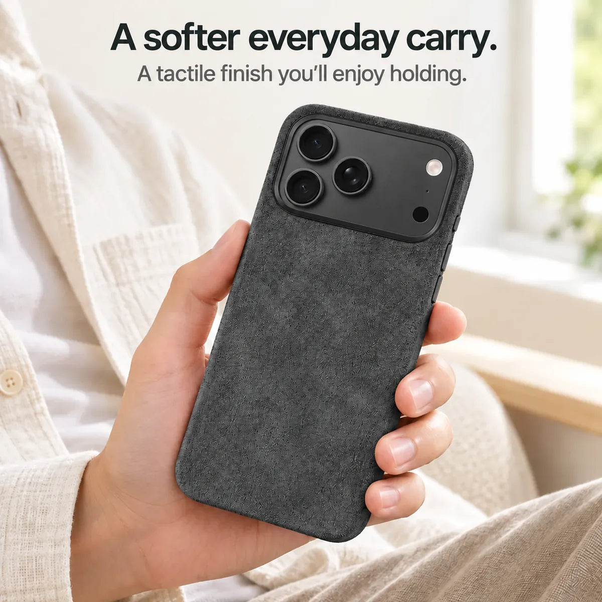 Dark gray fabric phone case held in one hand, showing its textured back. #color_Charcoal Gray