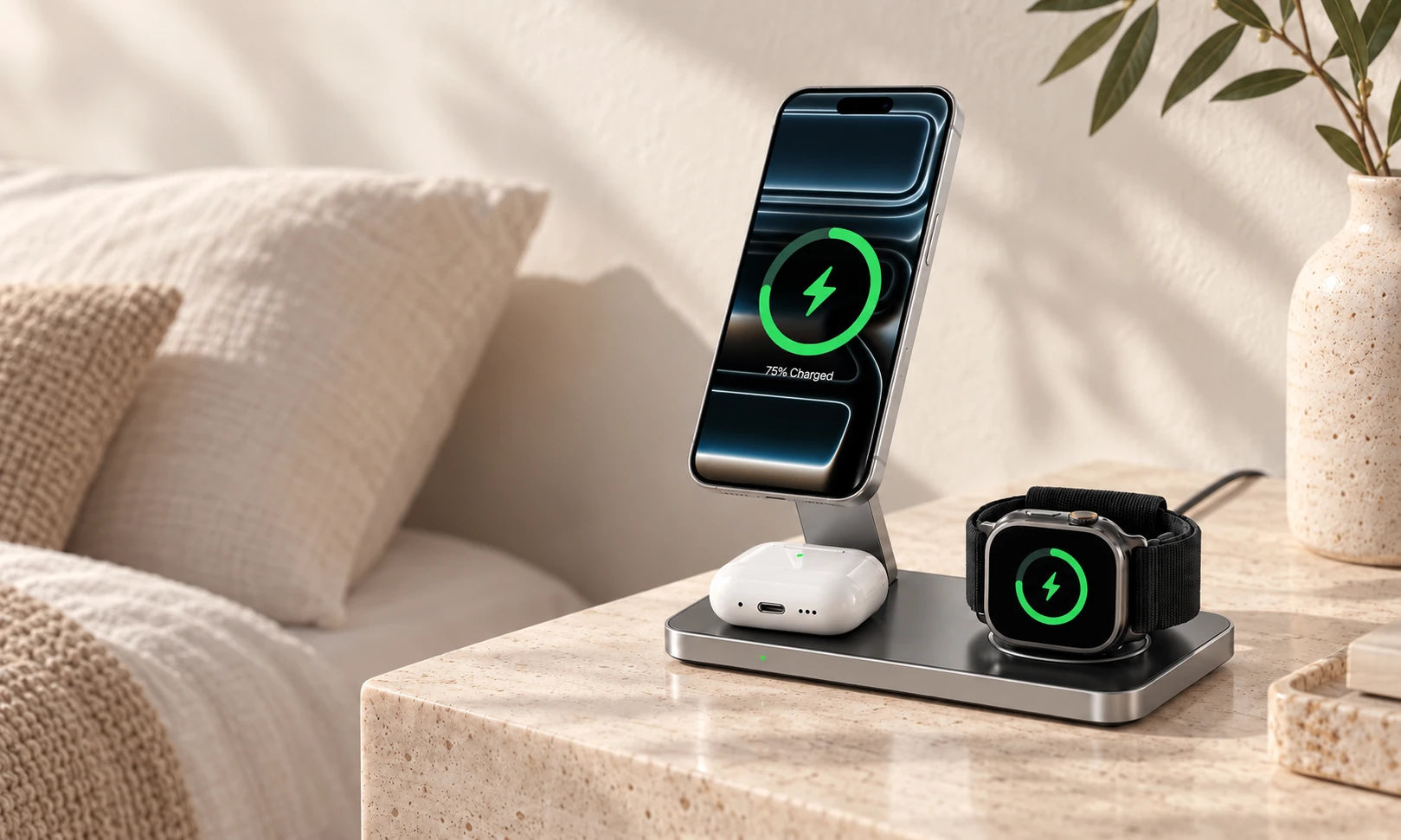 Gray folding wireless charging station with a phone in portrait orientation on a bedside table.