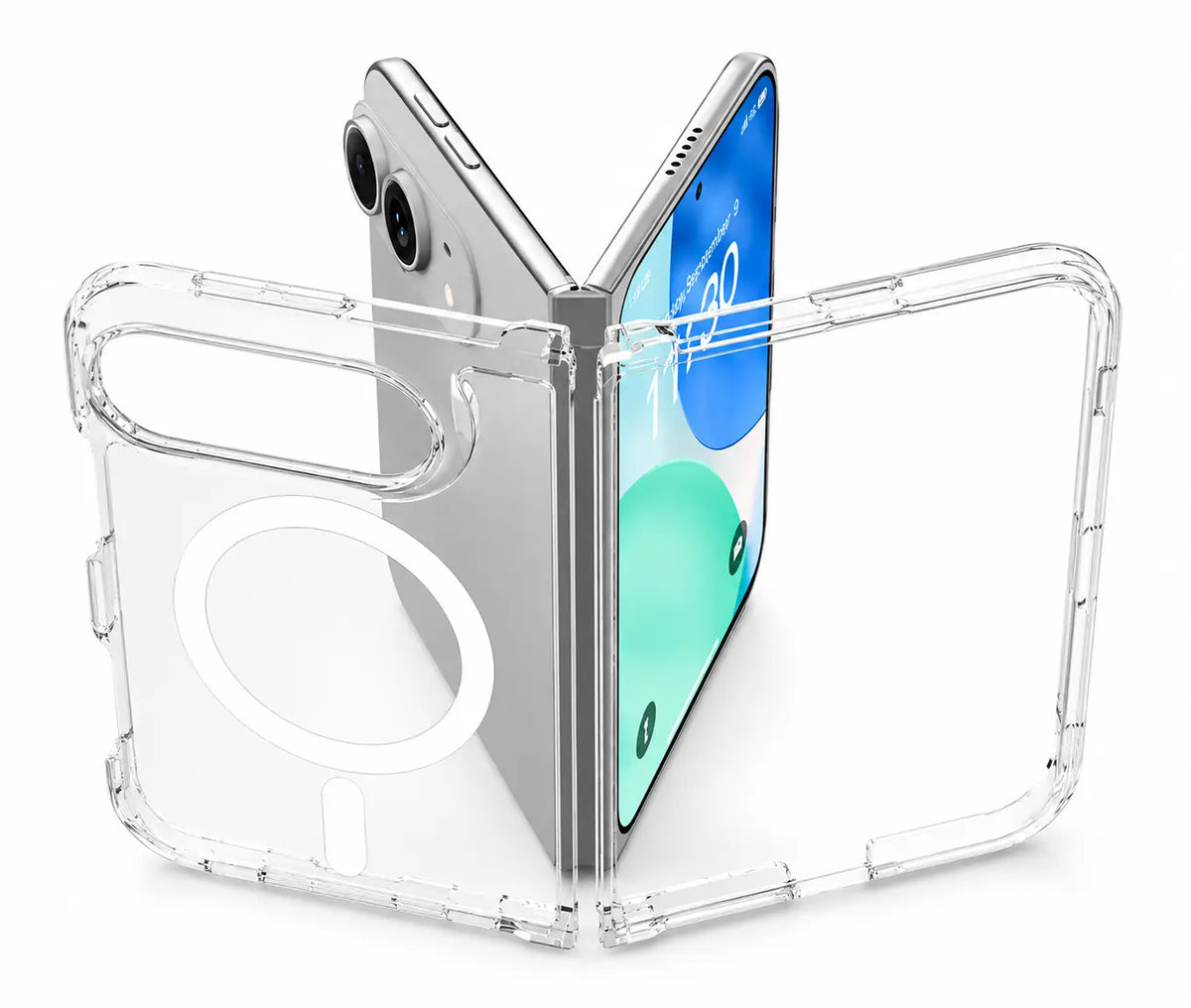 Clear magnetic folding phone case showing its separate front and rear sections. #iPhone Model_iPhone Duo
