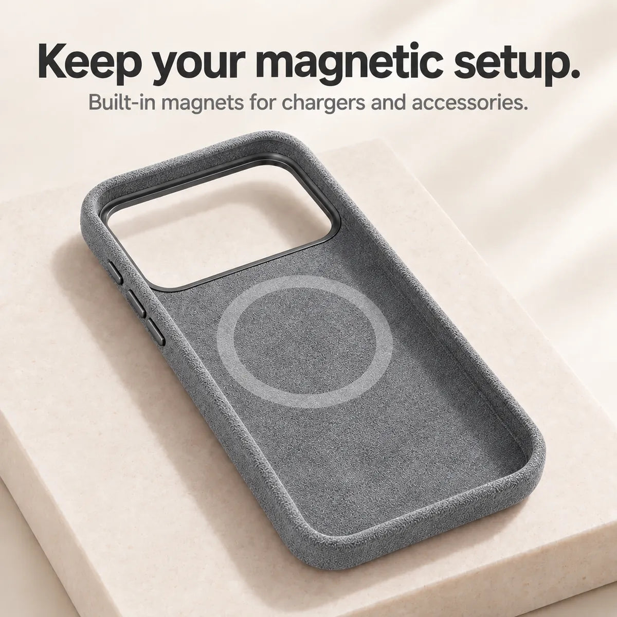 Light gray fabric phone case interior showing the circular magnetic ring. #color_Mist Gray