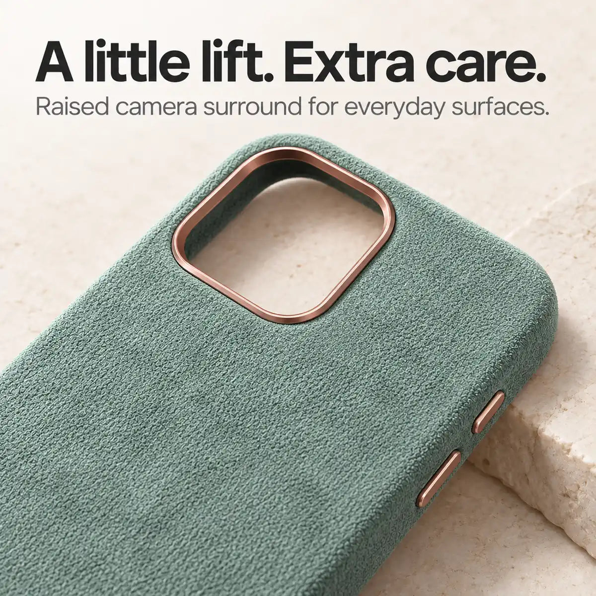 Light green fabric phone case with a close view of the raised camera surround. #color_Sage Green