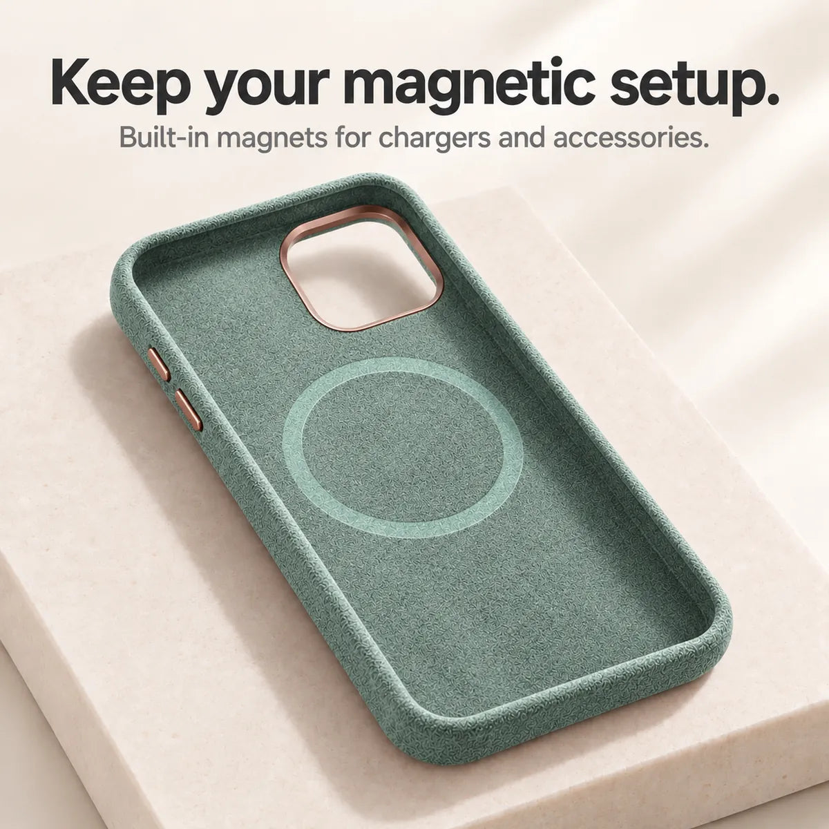 Light green fabric phone case interior showing the circular magnetic ring. #color_Sage Green