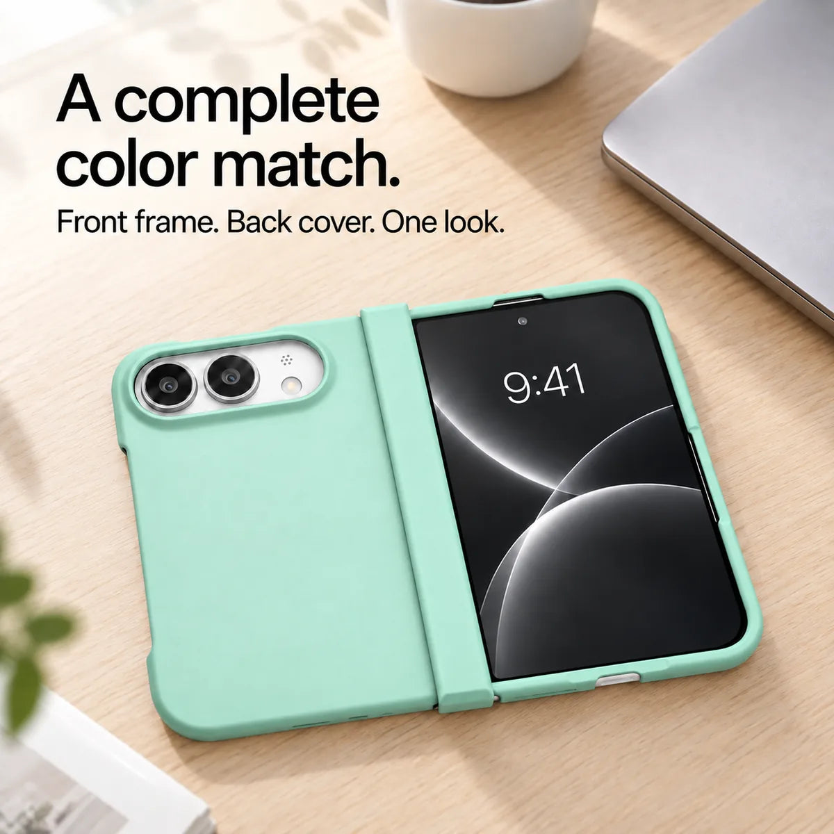 Light Green matte iPhone Ultra case open flat on a desk, showing coordinated front and back covers. #color_Seafoam Green