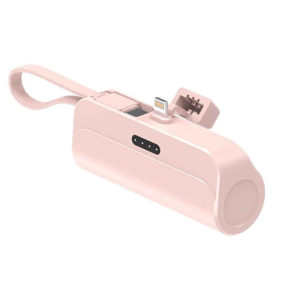 PowerBank Mini portable charger in multiple colors and capacities, compatible with USB-C and Lightning devices for Android and Apple, featuring a compact, lipstick-sized design with dual charging capability.