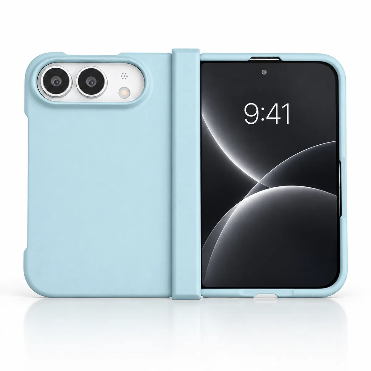 Sky Blue matte case on a silver iPhone Ultra, showing the rear cover, matching outer display frame and hinge cover on white. #color_Glacier Blue