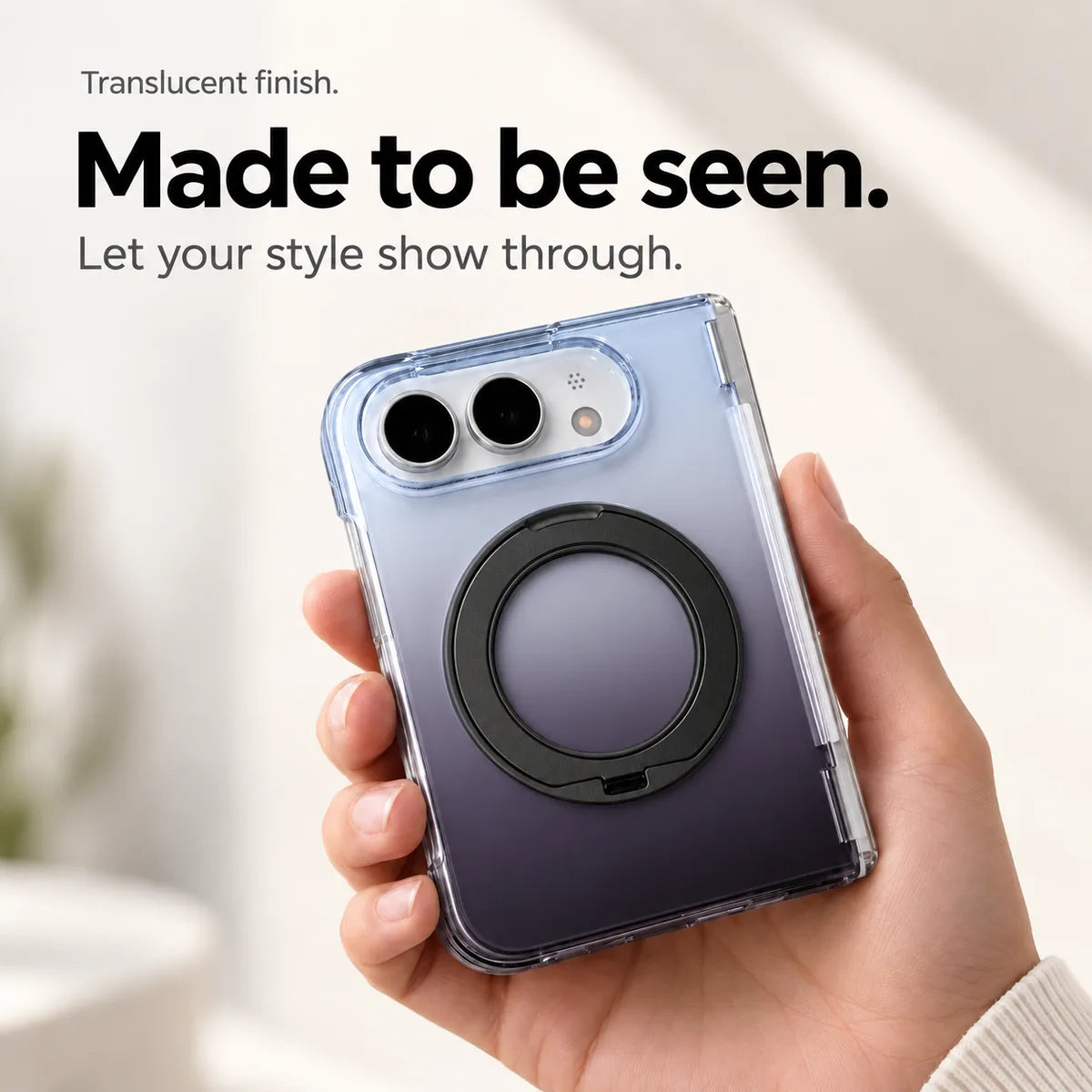 Smoky purple gradient translucent rear case held in a hand with the ring folded closed. #color_Midnight Mist