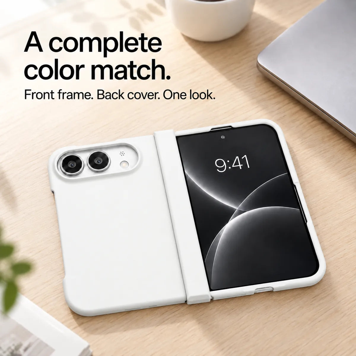 White matte iPhone Ultra case open flat on a desk, showing coordinated front and back covers. #color_Porcelain White
